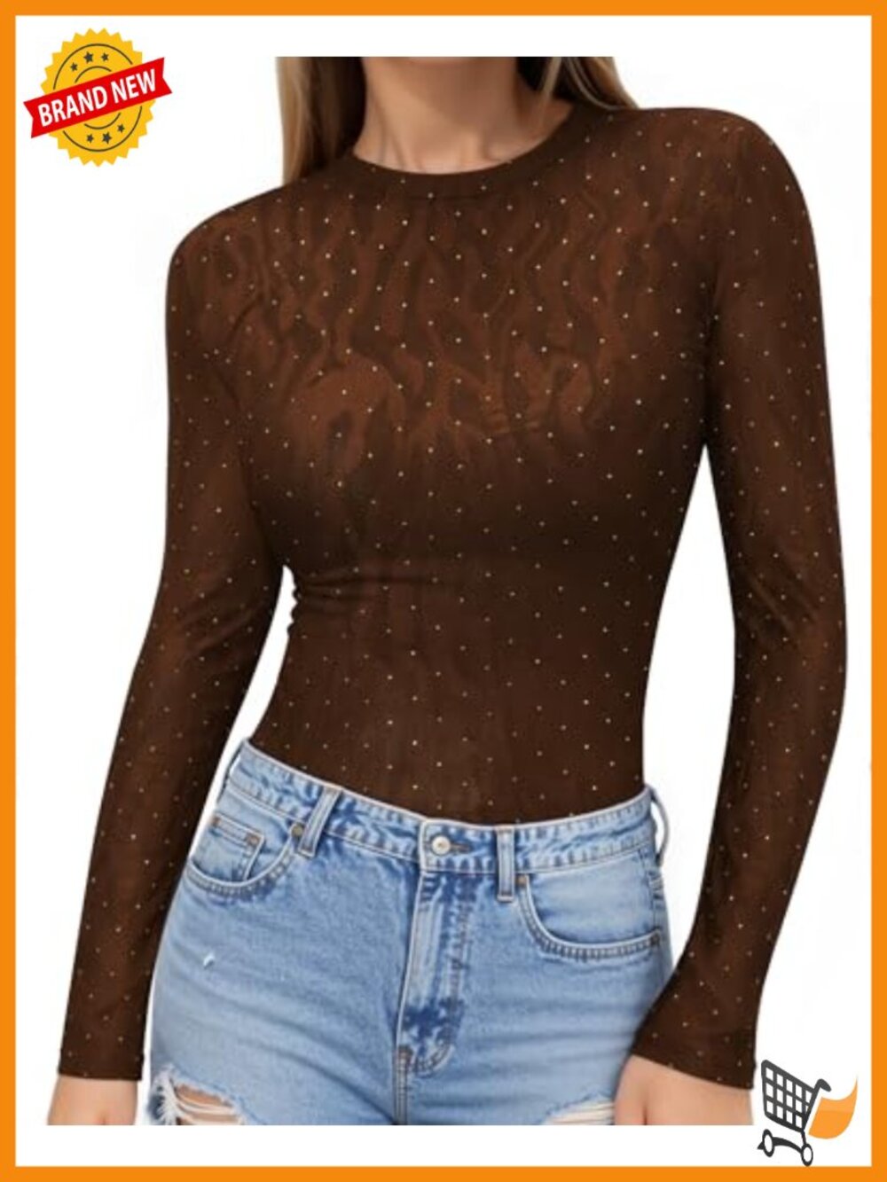 Fitted Long Sleeve Glitter T-Shirt Crew Neck Seamless Stretch Tee